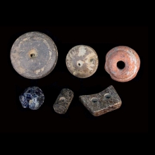 six-chandraketugarh-bone-glass,-clay-and-stone-beads-and-loom-weights_x7882b