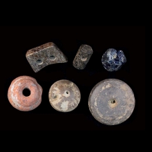 six-chandraketugarh-bone-glass,-clay-and-stone-beads-and-loom-weights_x7882c